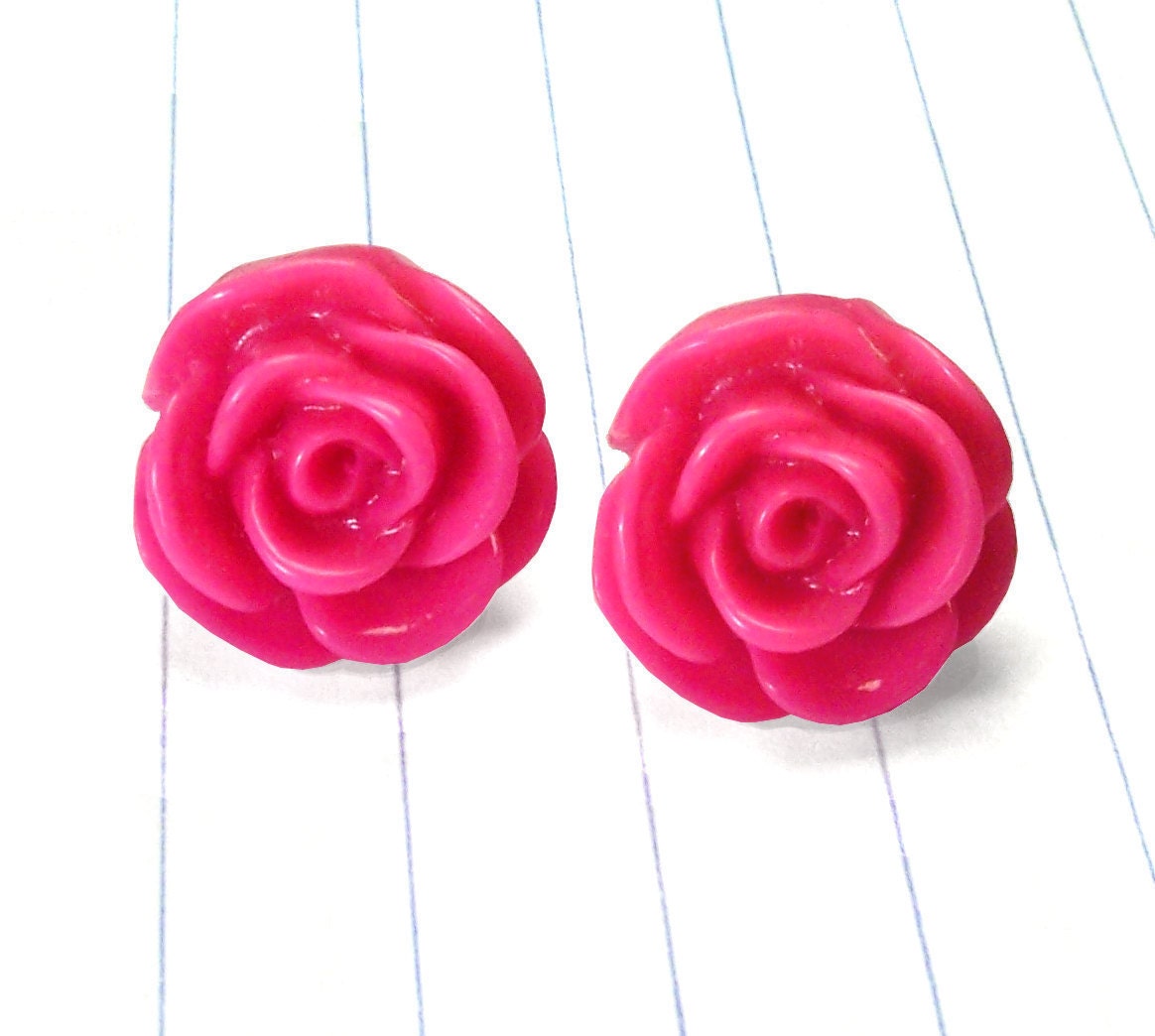 hot pink rose earrings - hot pink earrings - hot pink jewelry - hot pink studs - hot pink - rose earrings - rose jewelry - rose studs - pin