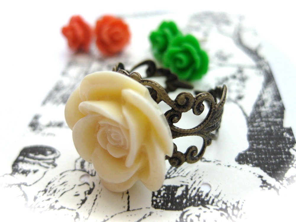 Shabby Chic Rose Cabochon Ring-Custom Color Flower-Antique Bronze or Silver Filigree Adjustable Band-Mother's Day Spring Fashion