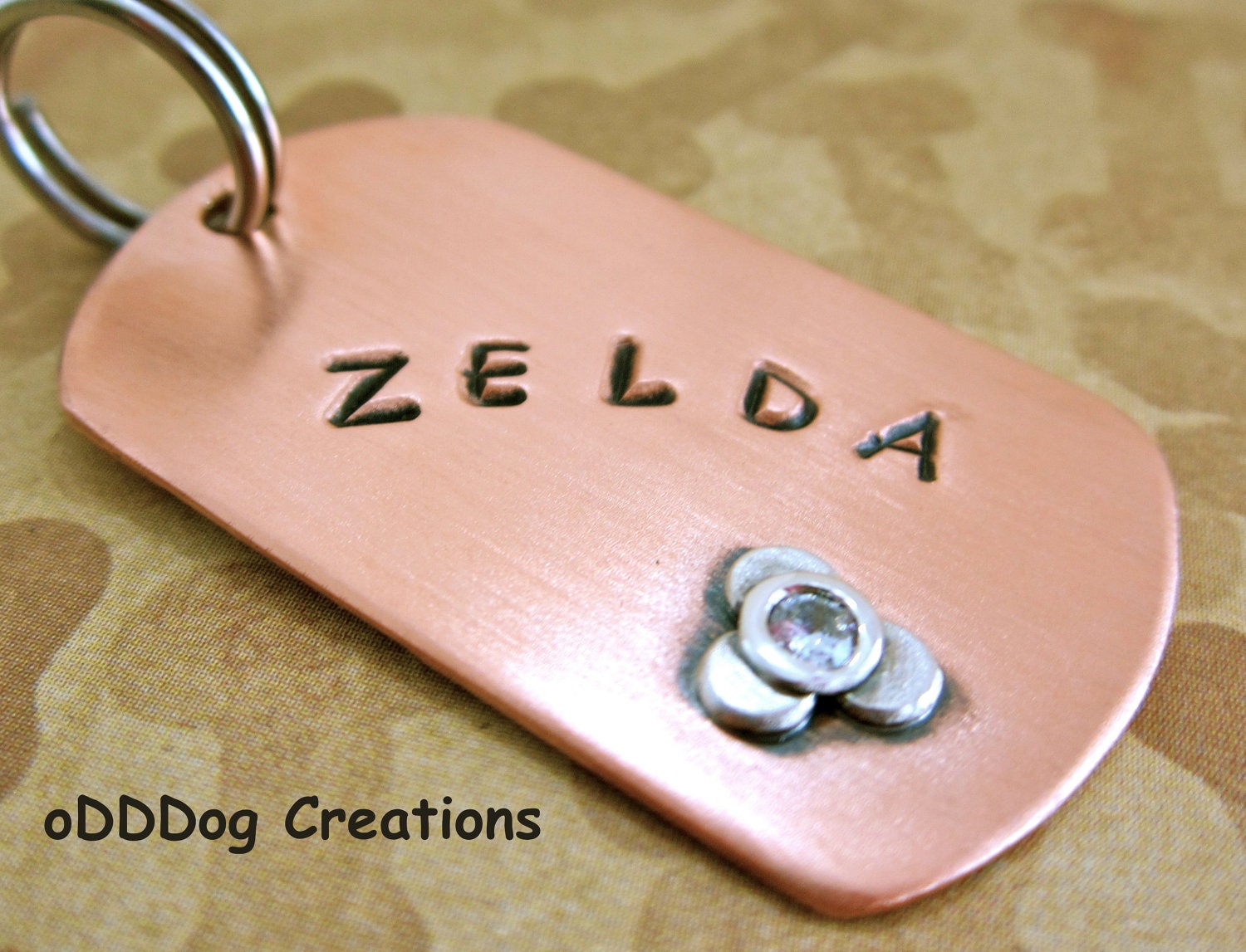 custom dog tag / large / military / copper / brushed / sterling silver flower with cz : The Pretty Tuff
