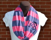 Monogrammed Infinity Scarf Game Day Navy and Hot PInk Stripe Knit Jersey