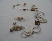 Long Necklace, earrings , brown North sea glass, silver, shells and stones. Eco Friendly