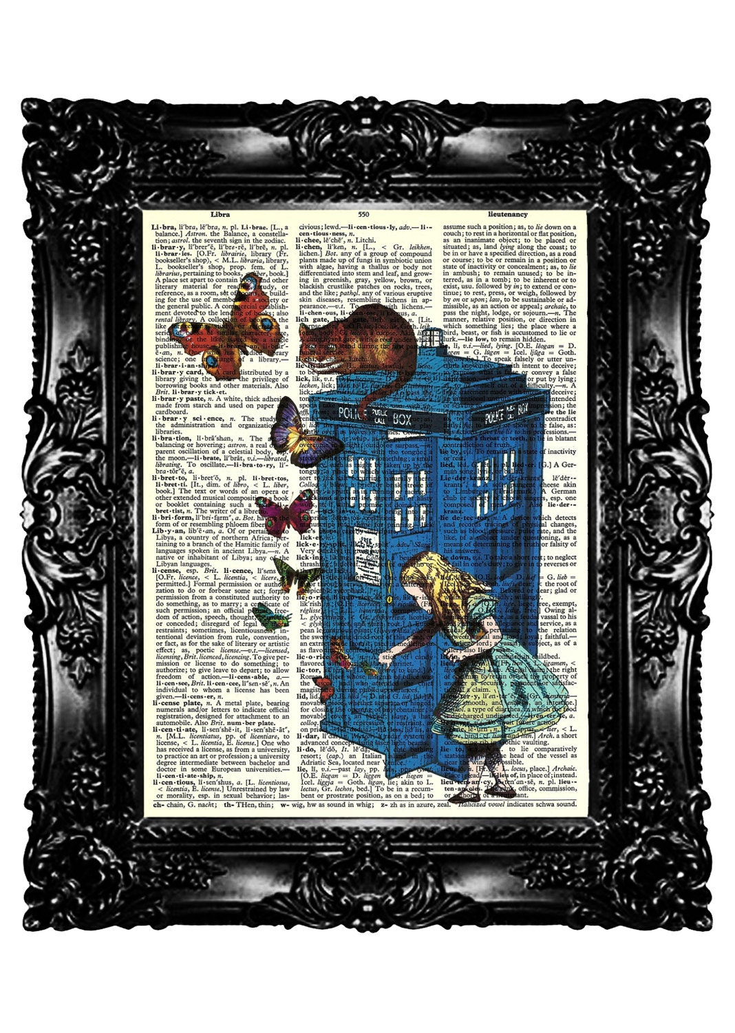 Alice in Wonderland Dr Who Tardis Phone Call Box 2 Dictionary Art Print Upcycled Book  Art Prints Vintage Book Print  Buy 3 get 4th free
