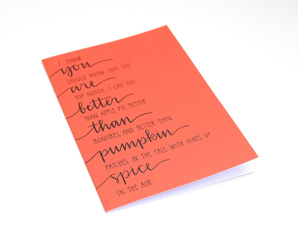 Autumn Greeting Card, You Are Better than Pumpkin Spice, Modern Calligraphy, Hand-Lettered Design, Typography, Red Orange, Single