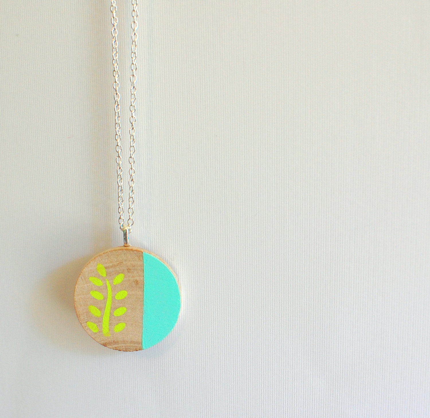 modern botanical woodland leaf necklace - lime green, turquoise