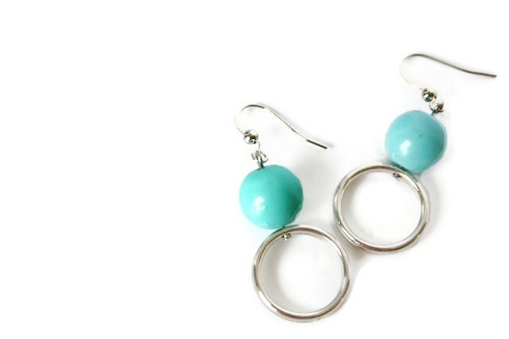 Blue Earrings with Aqua Beads and Nickel Free Hooks. Geometric Earrings. Round Earrings.