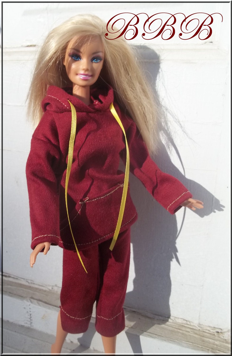Barbie Clothes Maroon and Golden Yellow Jogging Outfit Hoodie and Sweatpant Capris