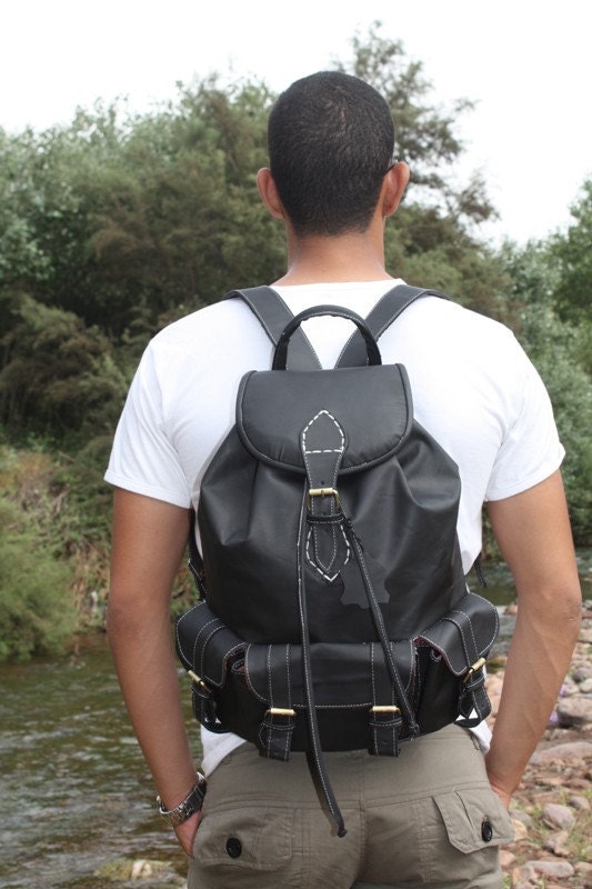 Handmade Black Leather Backpack  / 15" x 12 "