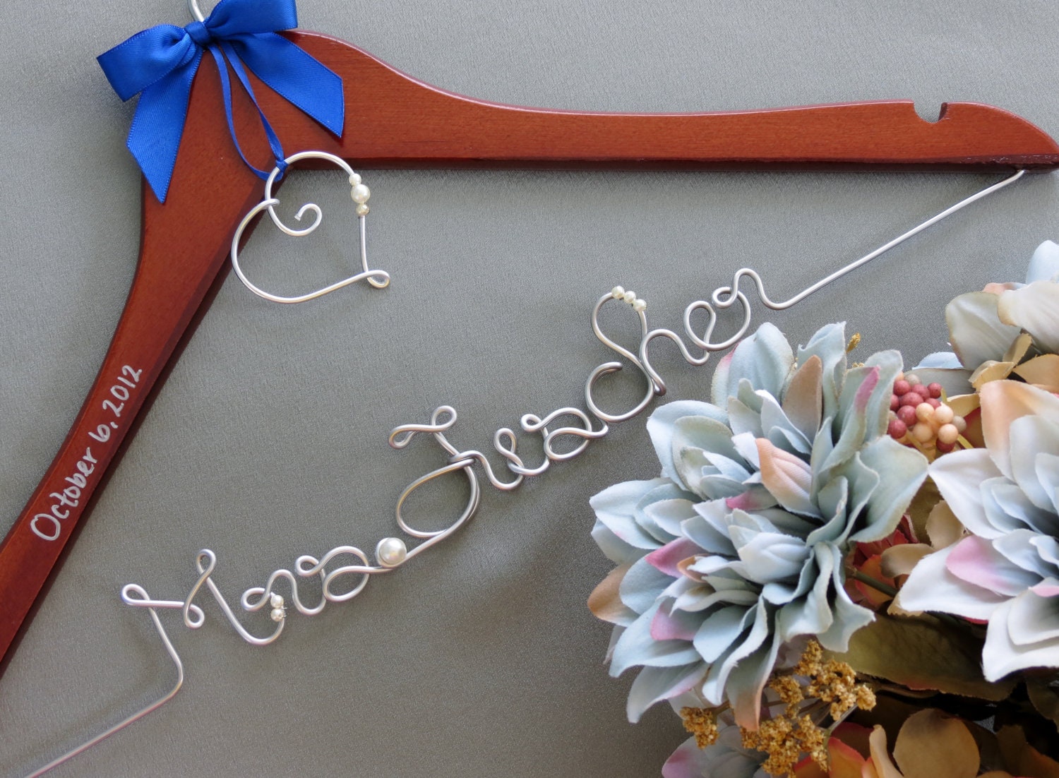SALE Personalized Wedding Hanger with Heart or Monogram Charm and Ribbon, Name Hanger, Bridal Hanger, Shower Gift