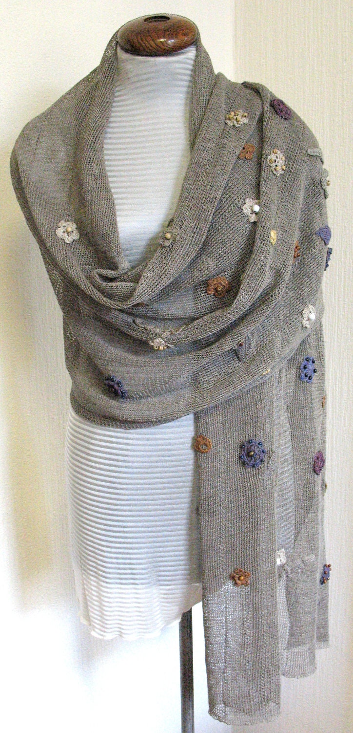 Linen Natural Grey Scarf Shawl Wrap Stole , Light, Transparent and Crocheted Flower