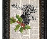 Holiday Home Decor CHRISTMAS MOOSE and HOLLY, 8x10, vintage dictionary art print