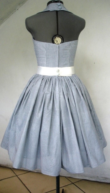 Knee Length 50s Inspired Halter Neck Cocktail Dress made from printed cotton