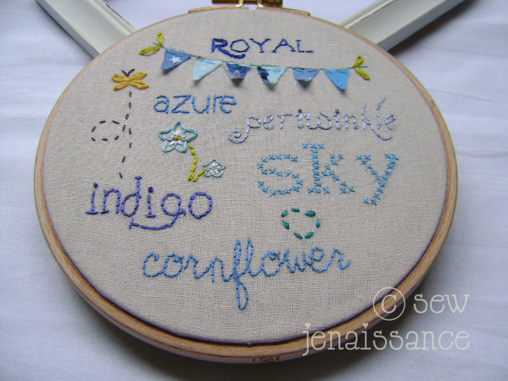 Embroidery Pattern PDF Blue Words Royal Azure Sky Cornflower Indigo Periwinkle