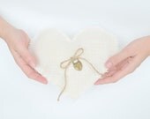Burlap Heart Ring Bearer Pillow In Ivory - Rustic Wedding - Country Decor - Shabby Chic - Woodland - Beach - Hand Sewn
