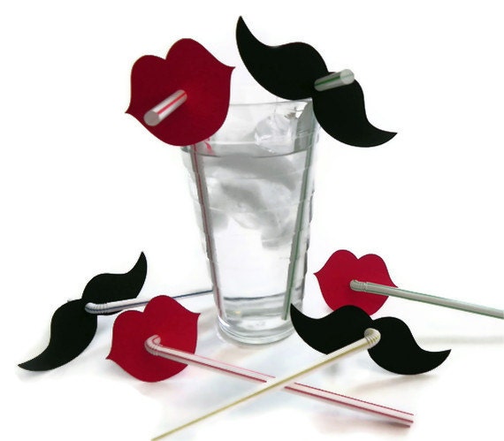 Mustache & Red Lip Straw Combo (20) - Die Cut Mustaches (10) and Lips (10) - photo prop party decoration punch cutout card stock