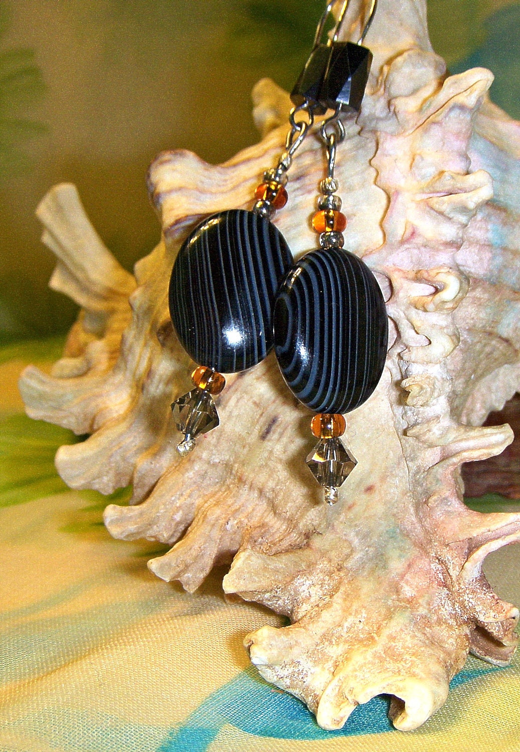 Earrings Black Banded Agate Pierced Drop Earrings - Black Tie Affair