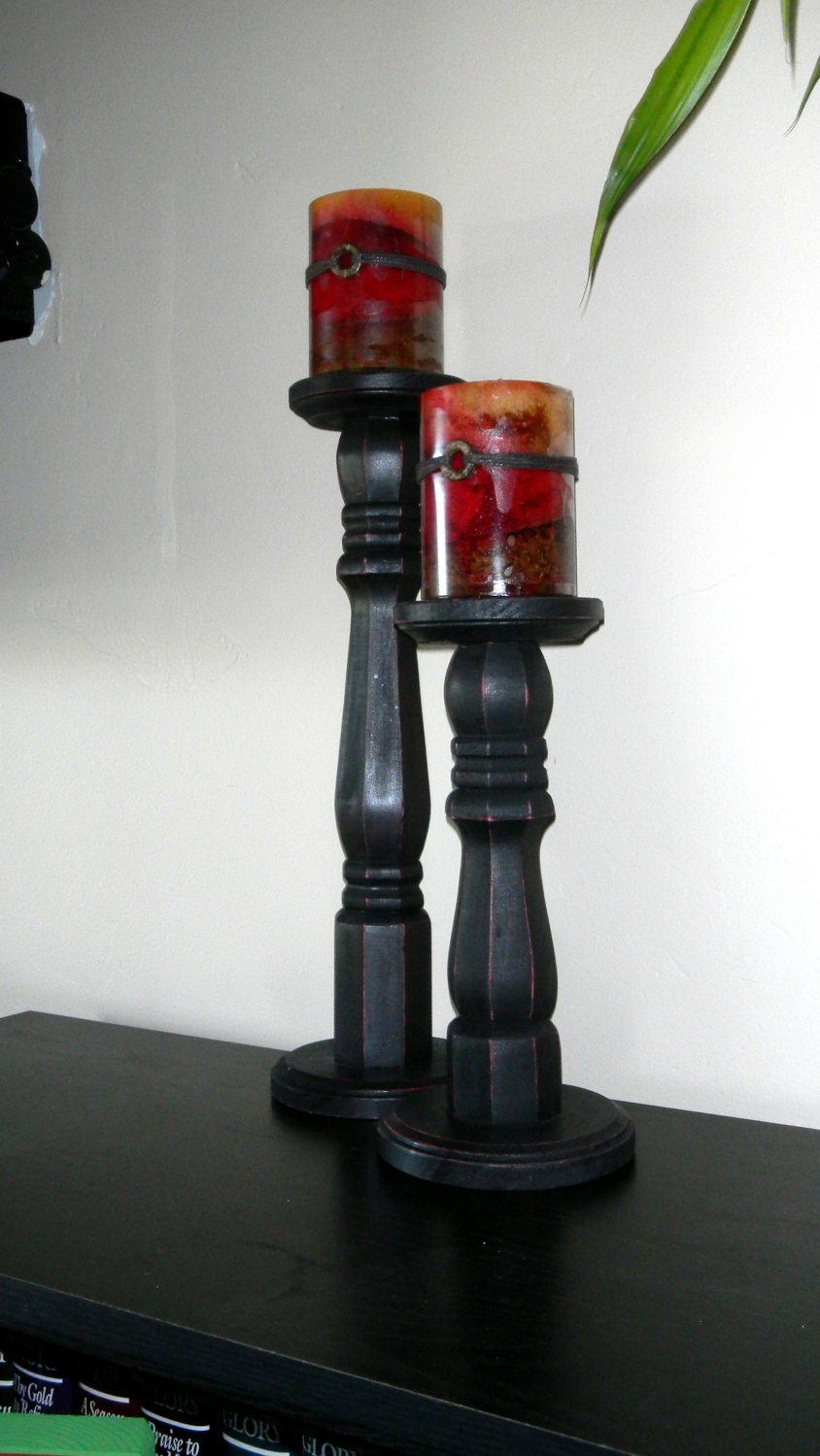 Distressed Wood Pillar Candle holders - Set of two