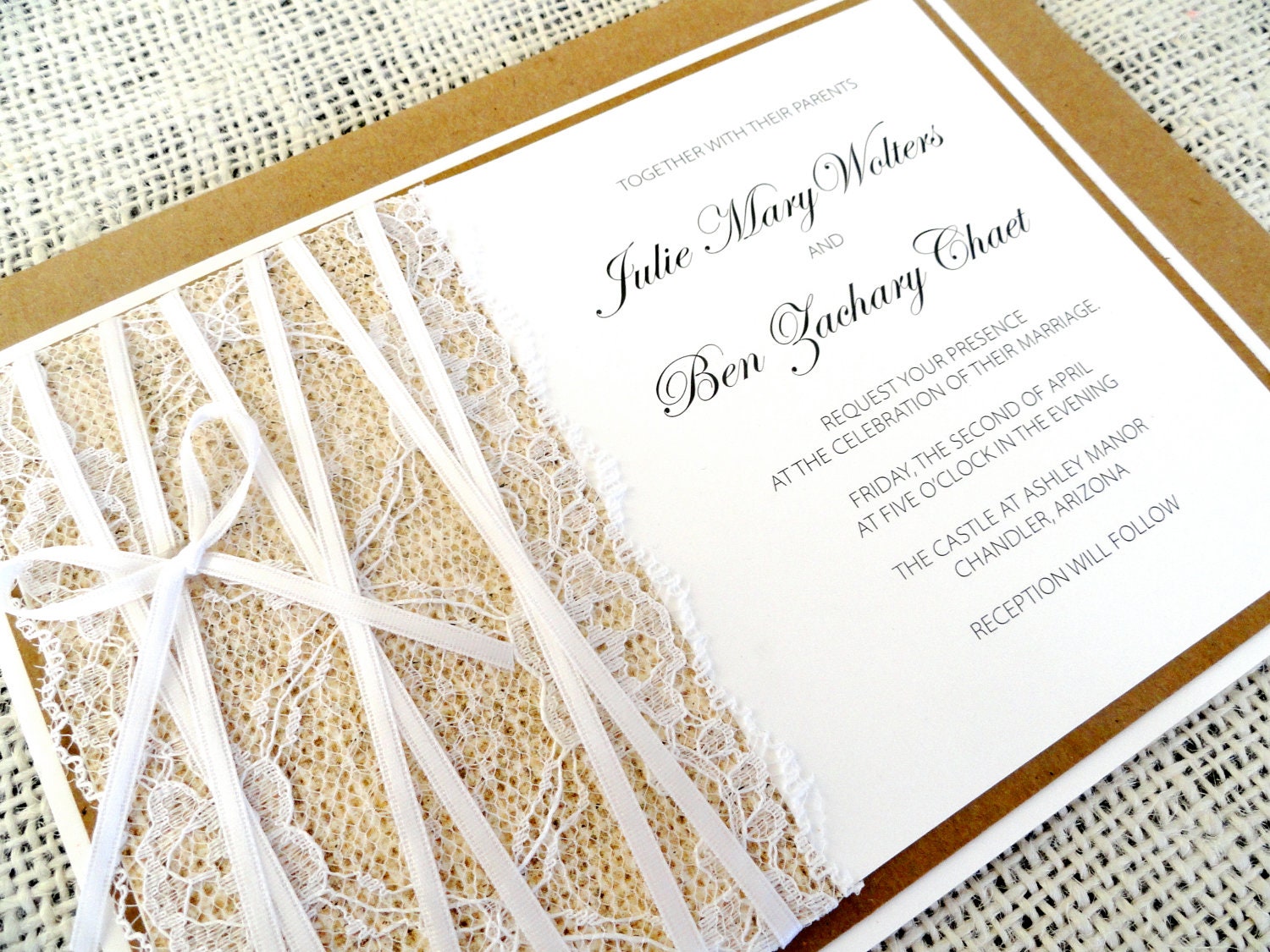 Burlap and Lace Rustic Wedding Invitations - BURLAP AND LACE - Kraft, White, Lace and Ribbon Wedding Invitations