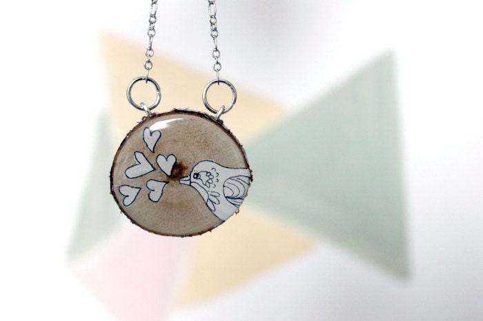 Loving Bird Necklace - Hand painted wood slice necklace