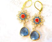 Red, White and Blue earrings flower dangle earrings crystal cluster MS INDEPENDENCE Handcrafted earrings gold plated