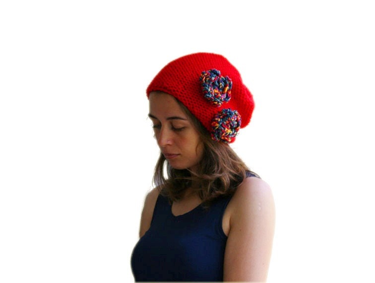 Red Knit Hat with Rainbow Color Flowers - Fall Winter Fashion - Women Teens Accessories - Slouchy Beanie - Chunky Beret