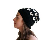 Valentine Black Knit Hat with Ivory Hearts - Fall Winter Red Fashion - Women and Teens Accessories - Slouchy Beret - Beanie