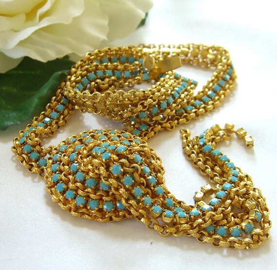 Miriam Haskell Style Necklace Turquoise Rhinestones Waterfall Mesh Vintage 1940s Jewelry