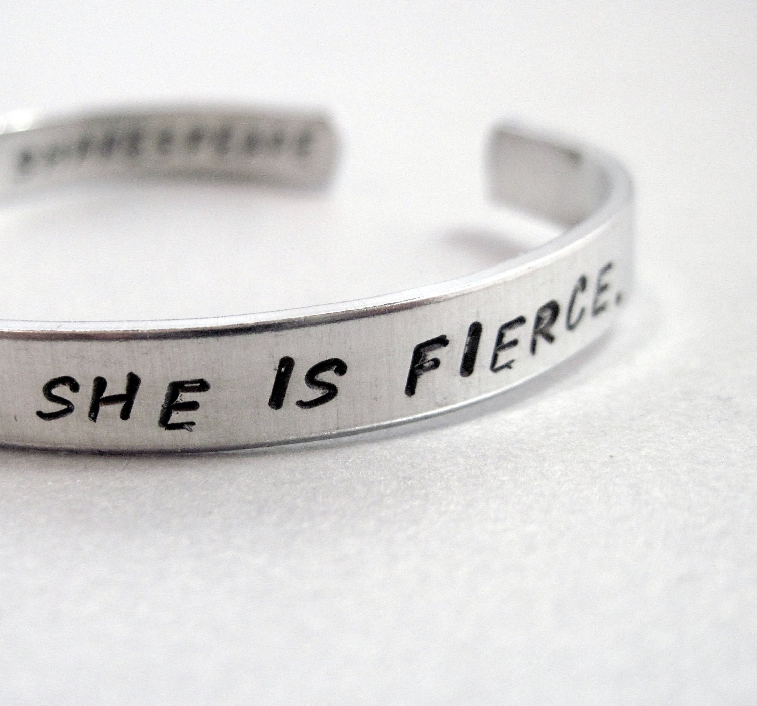 Shakespeare Bracelet - Though She be But Little, She Is Fierce - 2-Sided Hand Stamped Aluminum Cuff - customizable