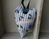 Stripe French ticking heart with hand painted Bees. 'The Hive'