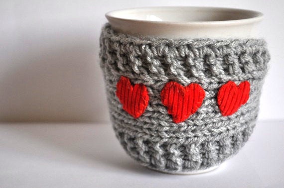 Mug Cozy with red heart, Cup Cosy, Mug Warmer knitted, medium dark grey color,valentines gift