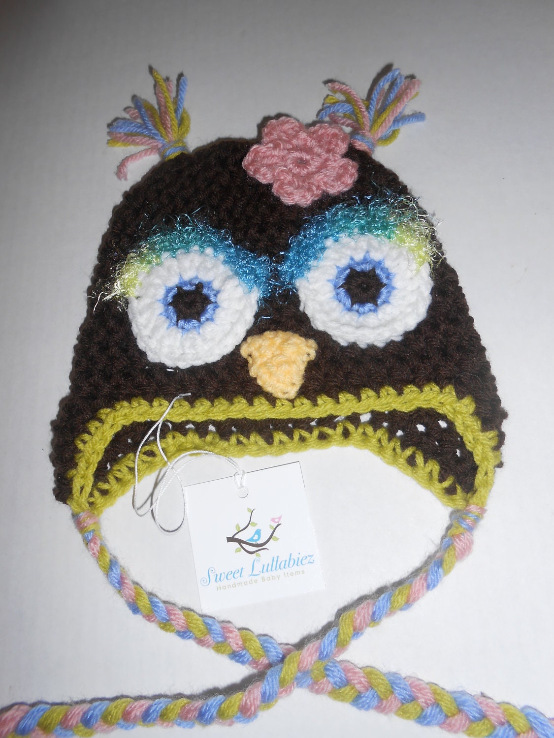 NEW Girly Brown, Pink, Lime Green & Blue Owl with Curly Eyelashes and Pink Flower Owl Beanie Custom Photo Prop Crochet Baby Hat Beanie