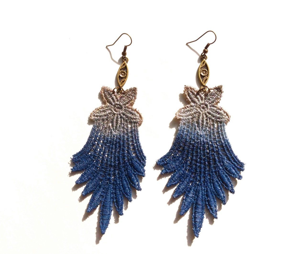 Lace Earrings Hand Painted - Navy Blue and Brown - Customizable Colors - Lace Fashion