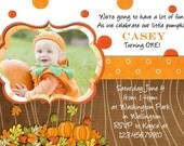 Pumpkin Birthday Invitation - Fall Party Custom  Printable Photo Card