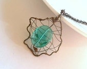 Copper wire necklace beaded turquoise pendant asymmetrical funky jewelry
