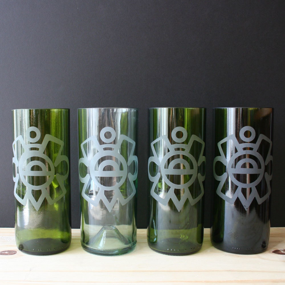 Recycled Bottle Drinking Glasses - Aztec Calendars