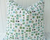 Nautical Pillow - Blue and Green - 18 x 18 inch Throw Pillow, Accent Pillow - Linen Nautical Pillow - Sail Boat Pillow, Anchor Pillow