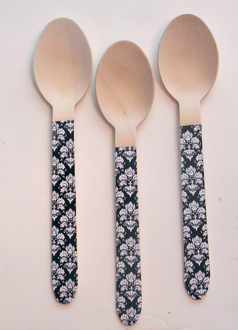 Black and White Damask Wooden Forks or Spoons - Set of 20 Il_570xn