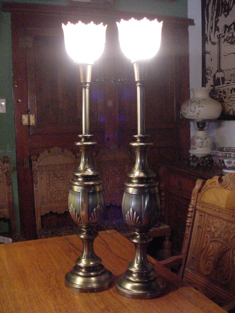 Vintage Elegance a Set of 2 Heavy Brass Stiffel Table Lamps Art Deco Design 1970's Originals