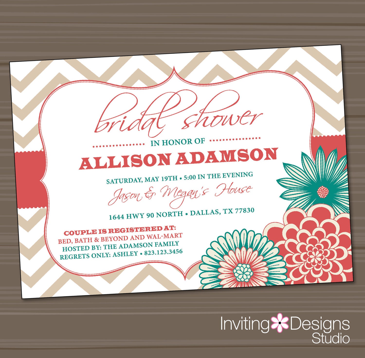Printable Wedding Shower Invitation, Bridal Shower Invitation, Coral, Aqua