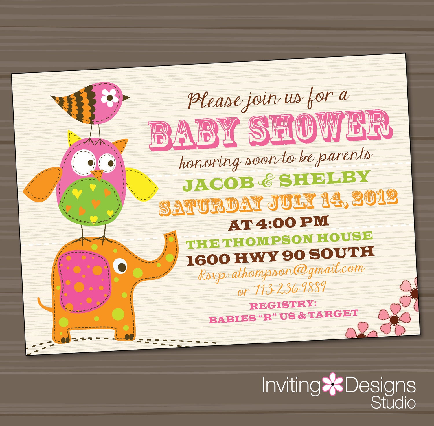 Baby Shower Invitation, Elephant, Owl, Bird, (PRINTABLE FILE)