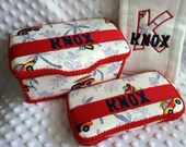 Custom Personalized Boutique Burp Cloth, Diaper Baby Wipes Tub and Travel Case Set Beach, Palm Trees, Woody, Surf Boards - Blue, Red, Green