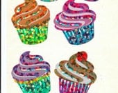 Vintage Hambly Cupcake Glitter Stickers Strip 80's - Four modules with four stickers each