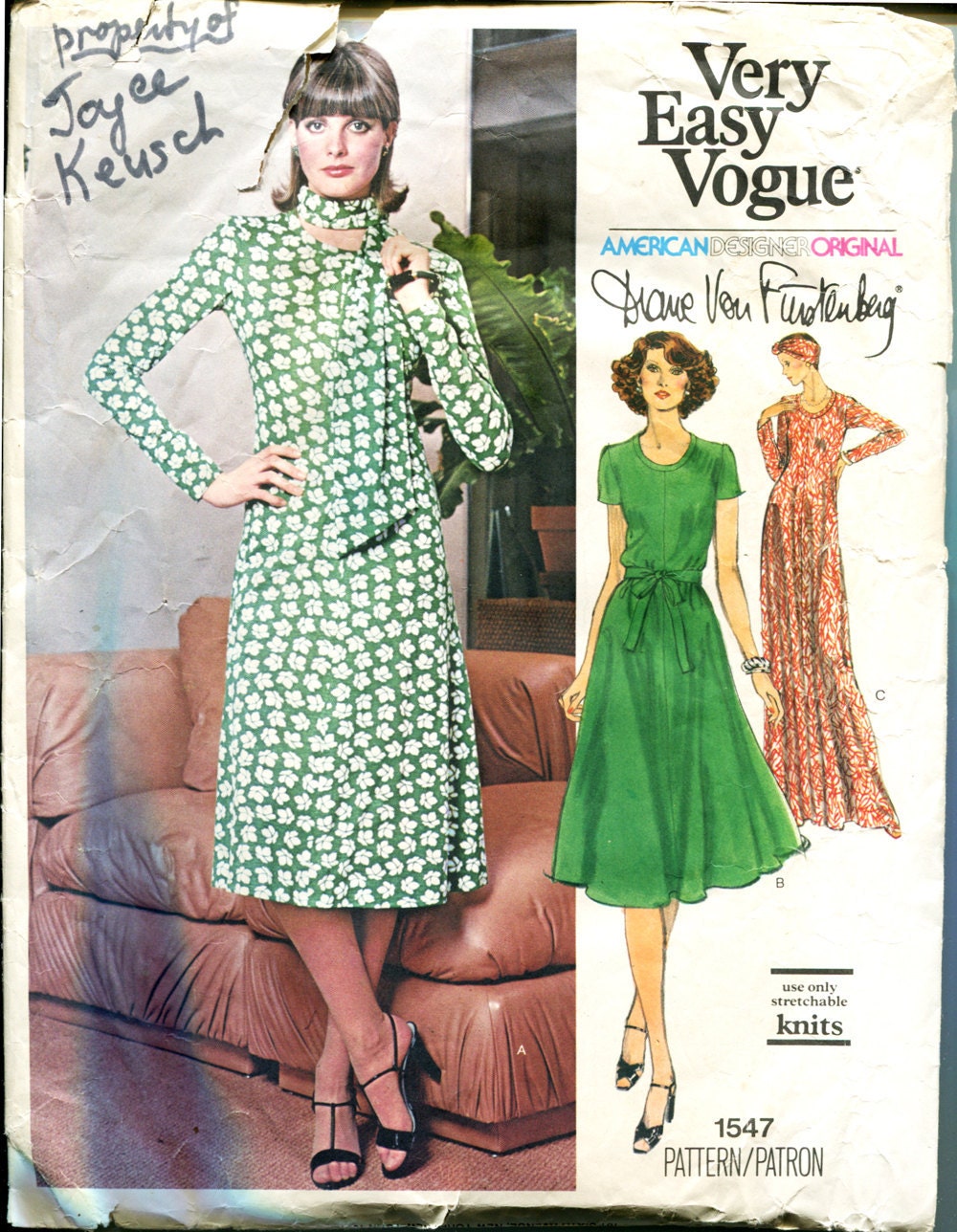Vogue 1547 1970s Diane von Furstenberg Dress Vintage Sewing Pattern 34 Bust