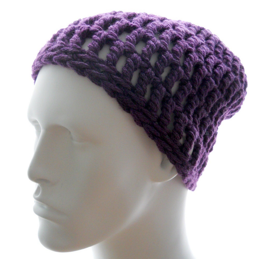Hand crochet hat, men's or women's purple beanie hat, wool-silk crocheted hat, hand-painted yarn hat, fishnet hat