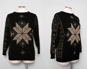 Art Deco Style Metallic Snowflake Sweater Black Gold Size Medium Large 1980s Vintage