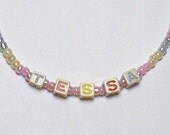 Handmade Girl's Beaded 15 " Personalized Name NECKLACE & BRACELET SET  Pastel Multi Color Beads  Sassy and Sturdy Magnetic Clasp