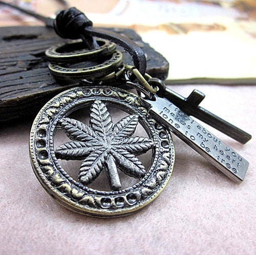 Brown real Leather and alloy pendant adjustable necklace mens necklace unisex necklace cool necklace B80