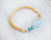 Snake Bracelet - Light Blue Jade and Agate Beads on Gold Mesh Cord by pardes israel