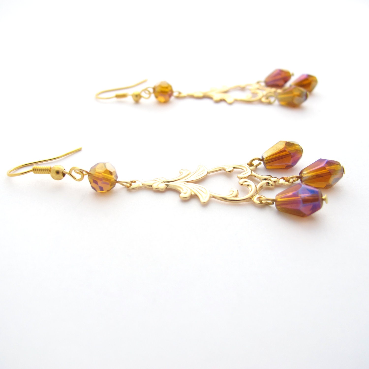 Golden Chandelier Earings With Iridescent Orange Beads
