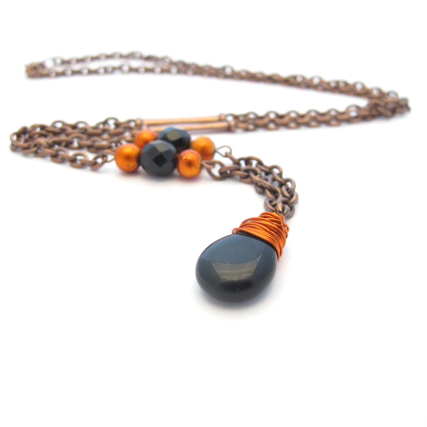 Wire Wrapped Necklace, Black and Orange Beads and Copper Chain