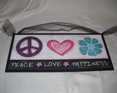 Peace Love Happiness Wooden Bedroom Wall Art Sign Girls Room Hearts Flowers